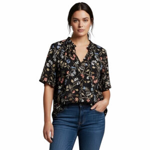 Loft Womens Blouse Top XL Floral Office Casual Boho Vacation Travel Resort Black
